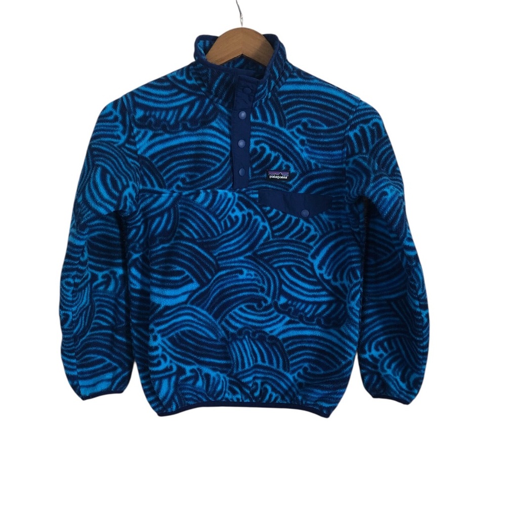 Patagonia Synchilla Fleece Pullover Turquoise and Navy Wave Print Kids Medium 10